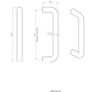 D Shape Cabinet Pull Handle 106 x 10mm 96mm Fixing Centres Satin Steel