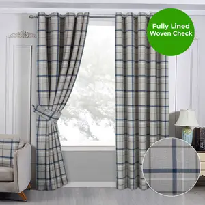 Home Curtains Hudson Woven Check Fully Lined 45w x 90d" (114x229cm) Blue Eyelet Curtains (PAIR)