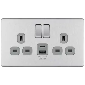 GoodHome Brushed Steel Double 13A Flat Switched Screwless Socket with USB, x2 & Grey inserts