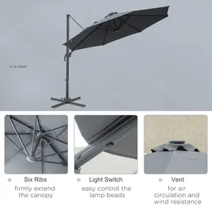 Outsunny 3(m) Cantilever Roma Parasol Patio Sun Umbrella with Crank & Tilt LED Solar Light Cross Base Outdoor, Dark Grey