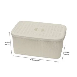 JVL Knit Design Loop Plastic Lidded Rectangular Storage Basket with Handles, Ivory