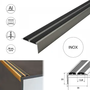 A37 36 x 20mm Anodised Aluminium Non Slip Rubber Stair Nosing Edge Trim With Inserts - Inox With Black Rubber, 0.9m