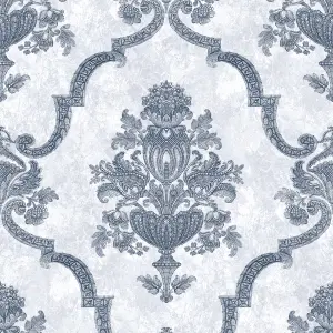 Galerie Azulejo Navy Porto Large Distressed Baroque Damask Wallpaper Roll