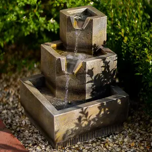 Primrose Solar Tiered Coba Square Cascading Water Feature With Battery Backup and Lights 37cm