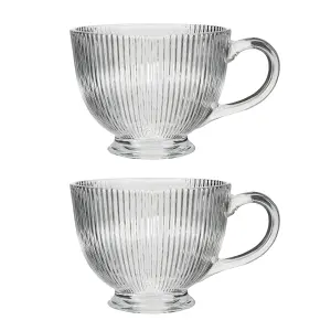 Set of 2 Embossed Footed Glass Coffee Mug Clear Tea Cups