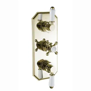 ENKI Regent English Gold White Crosshead 2-Outlet Solid Brass Thermostatic Triple Shower Valve TSV037