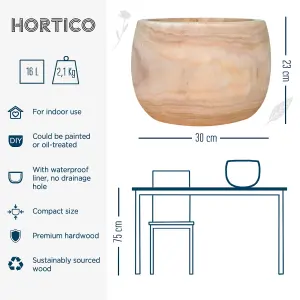 HORTICO™ Indoor Plant Pot, (Dia) 30cm ECO Round Wooden Planter for House Plants with Waterproof Liner D30 H23 cm, 8L