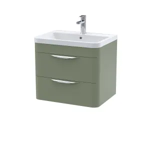 Wall Hung 2 Drawer Vanity Unit with Ceramic Basin - 600mm - Satin Green