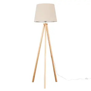 ValueLights Barbro Modern Light Wood Tripod Design Floor Lamp with Beige Tapered Shade - Includes 6w LED GLS Bulb 3000K Warm White