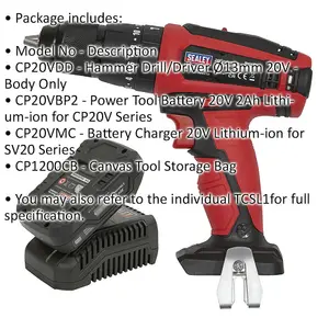 20V Hammer Drill Driver Kit - Includes 2Ah Battery & Charger - Storage Bag