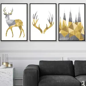 Set of 3 Geometric Yellow Grey Stags Set Wall Art Prints / 50x70cm / Black Frame