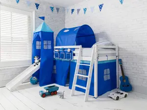 Moro Cabin Bed with Slide and Brilliant Blue Cotton Tent, Tower & Tunnel in White