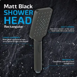 SPARES2GO Shower Head Rectangular Matt Black 1/2inch 3 Mode Spray Large Showerhead