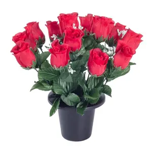 Homescapes Set of 3 Red, Pink & White Rose and Gypsophila Artificial Flowers in Grave Vases