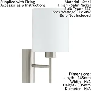 Wall Light Colour Satin Nickel Shade White Fabric Rocker Switch Bulb E27 1x60W