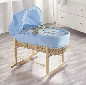 Kinder Valley Tiny Ted Blue Palm Moses Basket with Rocking Stand Natural