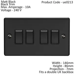 4 Gang Quad Light Switch MATT BLACK 2 Way 10A Black Trim & Metal Rocker