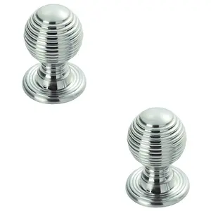 2 PACK - Reeded Ball Door Knob - 35mm Polished Chrome Lined Cupboard Pull Handle & Rose