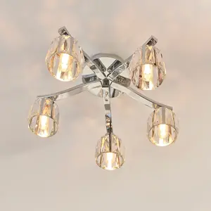 Luminosa Ria Bathroom Multi Arm Glass Semi Flush Ceiling Lamp, Chrome Plate, Crystal Glass, IP44