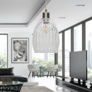 First Choice Lighting Set of 2 Birch Clear Fluted Glass with Satin Nickel Pendant Fittings