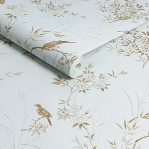 Shabby Chic by Rachel Ashwell Bird Chinoiserie Blue Gold Floral Wallpaper