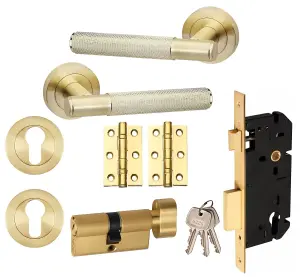 1 Set Knurled T-Bar Euro Lock Door Handle Set Thumbturn Key with BB HInges Satin Brass Finish