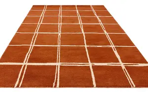 Rust Chequered Wool Modern Shaggy Handmade Rug For Living Room Bedroom & Dining Room-160cm X 230cm