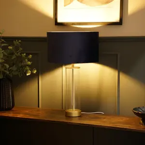 Simonetta Matt Gold and Clear Tube Table Lamp with Blush Velvet Reni Shade and 6W GLS Warm White Bulb Gold / Navy / Yes