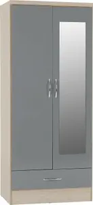 Nevada Mirrored 2 Door 1 Drawer Wardrobe Grey and Oak Effect