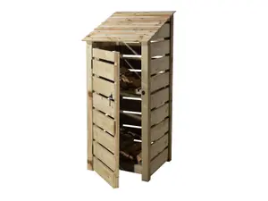 Slatted wooden log store with door and kindling shelf W-79cm, H-180cm, D-88cm - natural (light green) finish