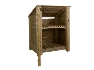 Wooden log store (roof sloping back) with door and kindling shelf W-99cm, H-126cm, D-88cm - natural (light green) finish