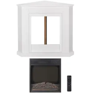 Modern White Corner Electric Fireplace with Remote Control, Triangle LED Log Fire, and Stylish Mantle