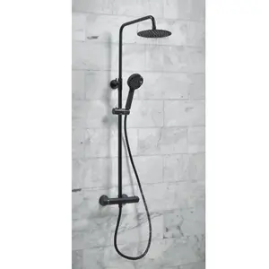 Matt Black Round Thermostatic Overhead Shower Kit with Ravello Basin Tap and Shower Tray Waste