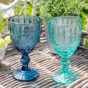 Set of 4 Vintage Luxury Sapphire Blue & Turquoise Drinking Wine Glass Wine Goblets 350ml