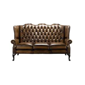 Chesterfield 3 Seater High Back Antique Autumn Tan Leather Sofa In Mallory Style