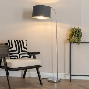 ValueLights Curva Chrome Arched Floor Lamp with Charcoal and Metallic Chrome Inner Drum Lamp Shade & Bulb