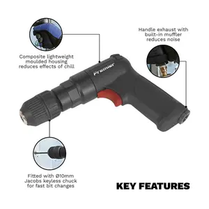 Sealey Air Pistol Drill With 10mm Keyless Chuck Super-Duty - Black SA620