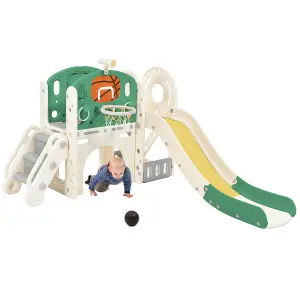 Children's Combination Slide with Long Slide, Storage Bins, Stairs, Basketball Hoop,Easy Assembly and Convenient Storage