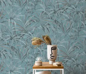 Beautiful Nature Tropical Leaf Vinyl Wallpaper Blue and Grey