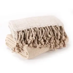 EHC Luxury Pack of 2 Chevron Cotton Single Sofa Throw Blanket, 125x 150cms - Beige