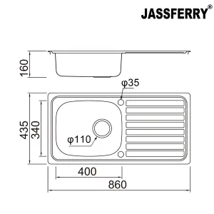 JASSFERRY Stainless Steel Kitchen Sink Single 1 One Bowl Reversible