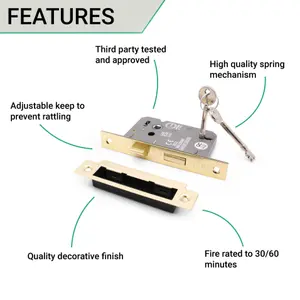 EAI Sashlock 65mm / 44mm Backset PVD BRASS 3 lever for Internal Wooden Door 2 Keys CE UKCA & Fire Door Approved Anti Rattle Keep