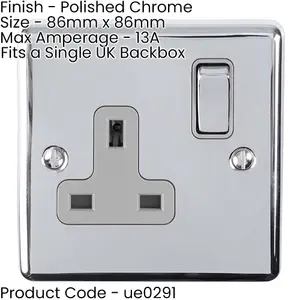 2 PACK 1 Gang Single UK Plug Socket POLISHED CHROME 13A Switched GREY Trim