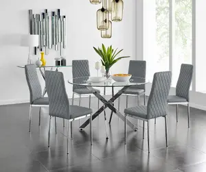 Furniturebox UK Novara 120cm Round Dining Table and 6 Grey Velvet Milan Chairs