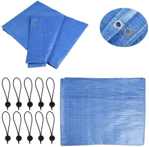 5 x 8 m Tarpaulin Waterproof Cover Camping Ground Sheet Caravan Furniture Multipurpose 10 Bungee Balls Blue 55 GSM