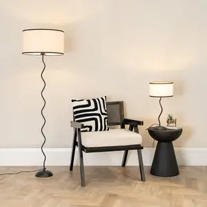 ValueLights Wiggle Black Metal Single Stem Floor Lamp with Linen Black Trim Drum Shade and LED Bulb