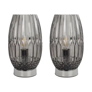 First Choice Lighting Set of 2 Facet Chrome with Smoke Faceted Glass Table Lamps