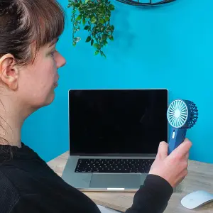 Mini USB Rechargeable Handheld Fan with 2 Speeds & Strap - Compact & Portable Pocket Bag Sized Personal Cooling Fan - Blue