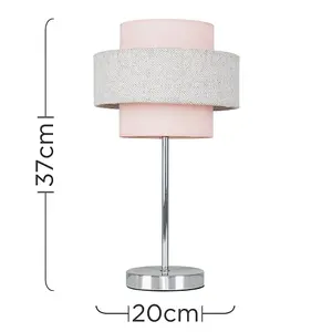 ValueLights Weaver Polished Chrome Touch Bedside Table Lamp with Pink & Grey Herringbone Shade with LED Bulb