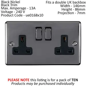 10 PACK 2 Gang Double UK Plug Socket BLACK NICKEL 13A Switched Power Outlet